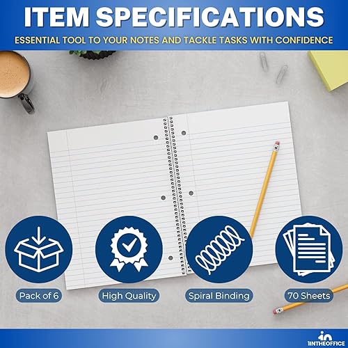Miniatura 8 de 1InTheOffice Cuaderno de espiral de rayas anchas, 1 materia, 8 x 10.5 pulgadas, 3 agujeros perforados, 70 hojas, colores surtidos, cuadernos