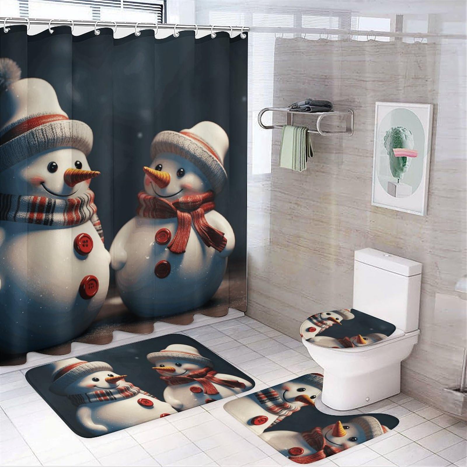 Tapis bonhomme de neige et rideau de douche imperméable pour salle de bain | Set de 2