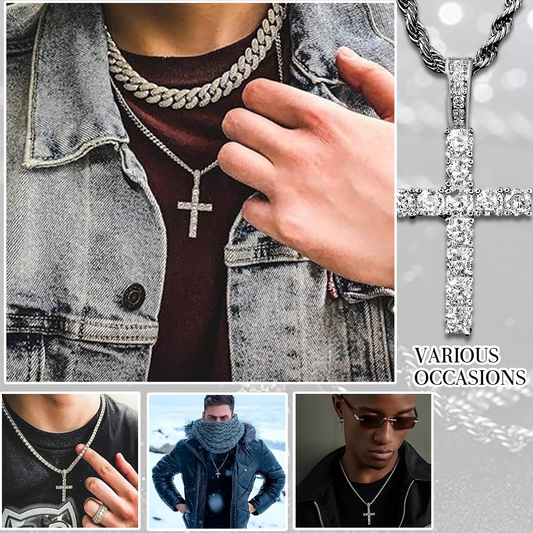 1 Pezzo Collana Uomo Donna Croce Collane Girocollo Uomo Acciaio Inox con Zirconi Catena con Pendente Croce Catenina Rapper Retrò Catenella Acciaio Inossidabile Argenteo