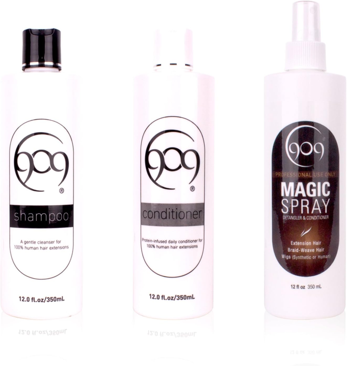 909 Shampoo, Conditioner and Magic Spray Detangler Kit | Silk Amino Protein Shampoo and Conditioner with Aloe Vera Extract Detangler 3 Piece Set for 100% Remy Human Hair Extensions and Wigs (12 oz)