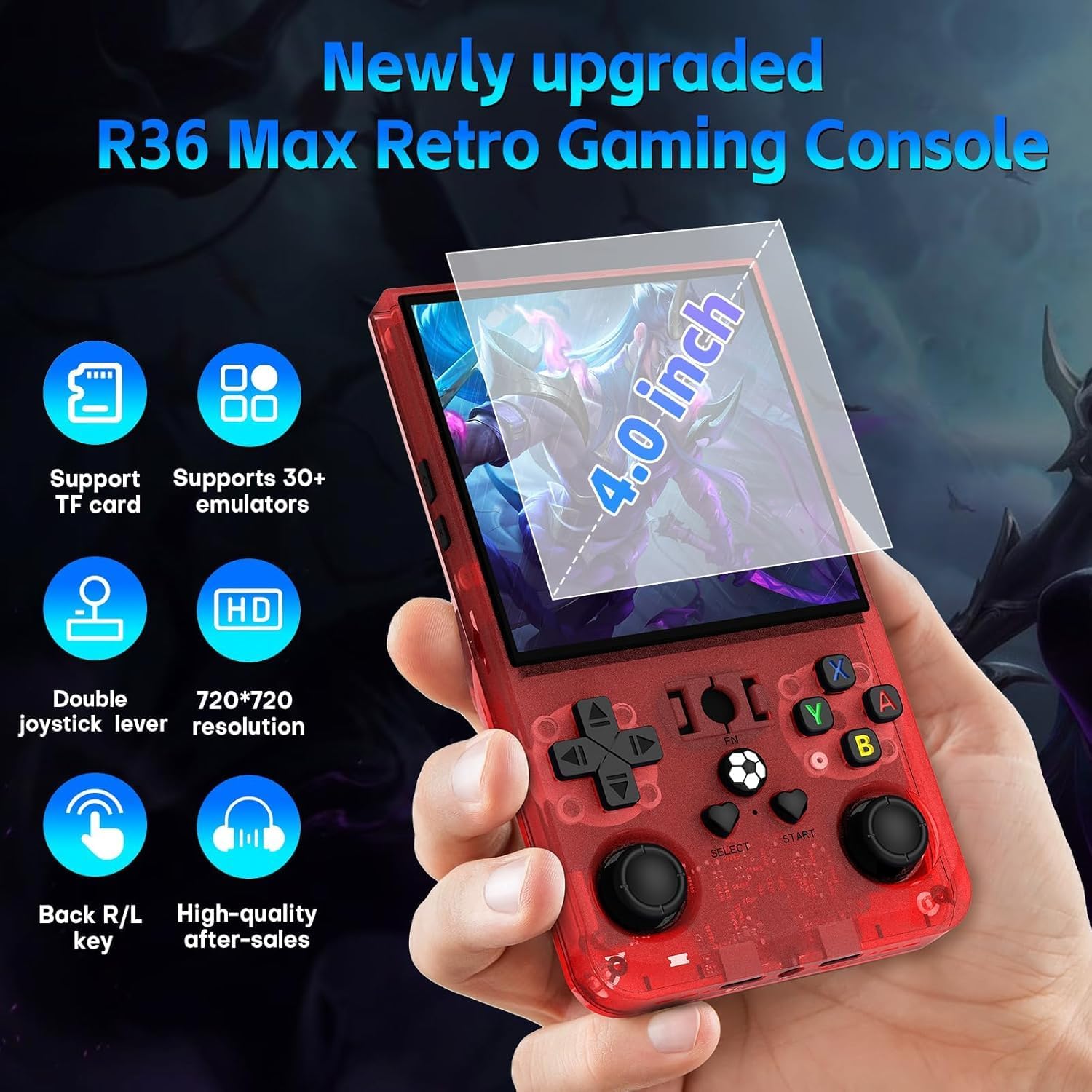 R36MAX Retro Game Console, 4.0 inch Retro Gaming Console with 128GB Memory, Video Game Consoles with 4000mAh Battery and 30+ Emulators, Red