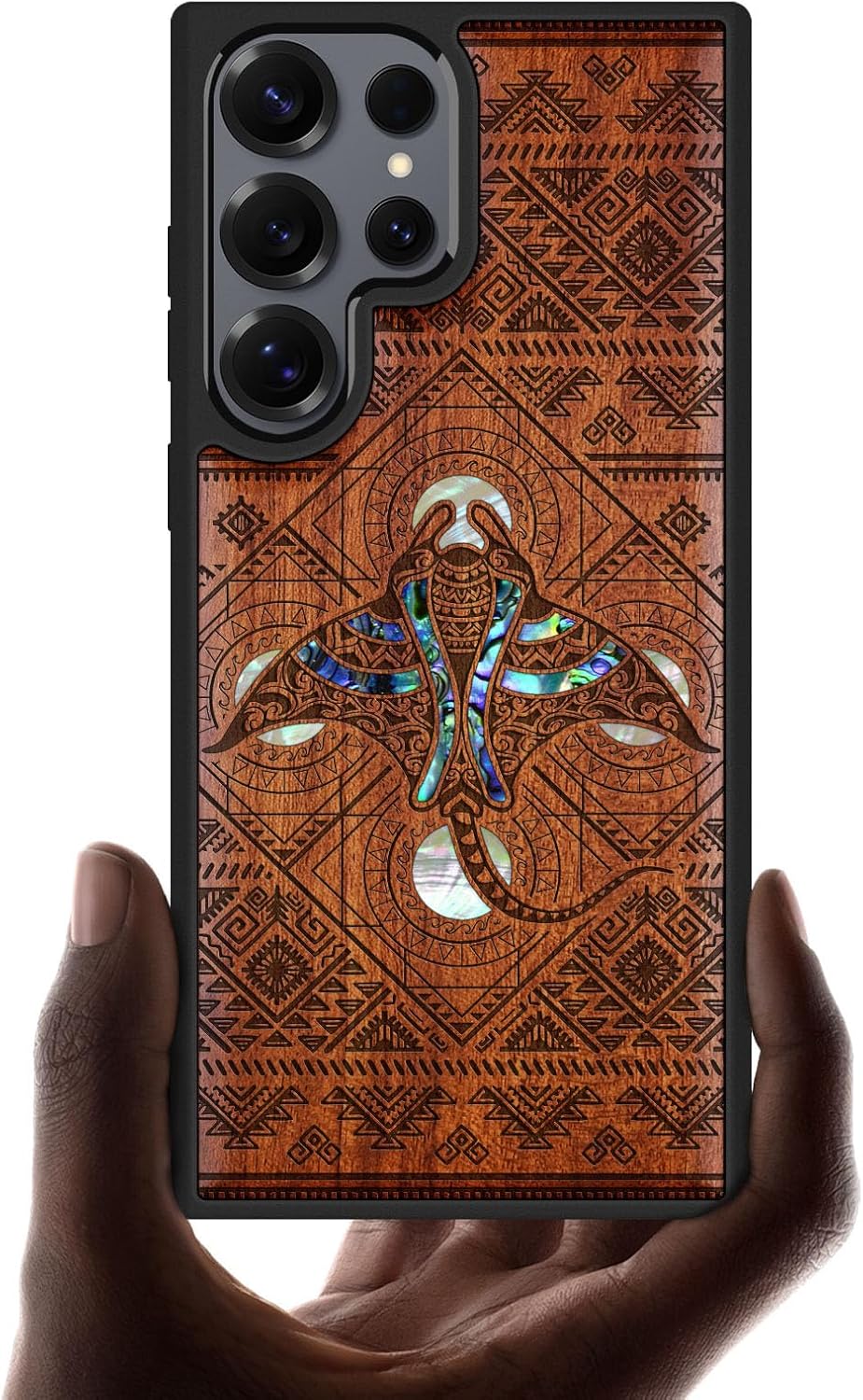 Carveit Magnetic Wooden Case for Samsung Galaxy S25 Ultra Case, Wood Artisan Engraved & Handmade Shell Inlaid, Compatible with MagSafe Wireless Chargers (The Tribal Manta Rays) Rosy