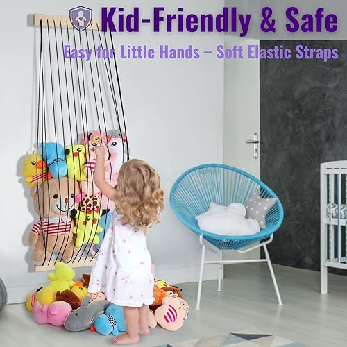 Miniatura 4 de Organizador de juguetes de peluche de madera suave para habitación de niños, lindo y duradero para pared o puerta, longitud ajustable, organizador