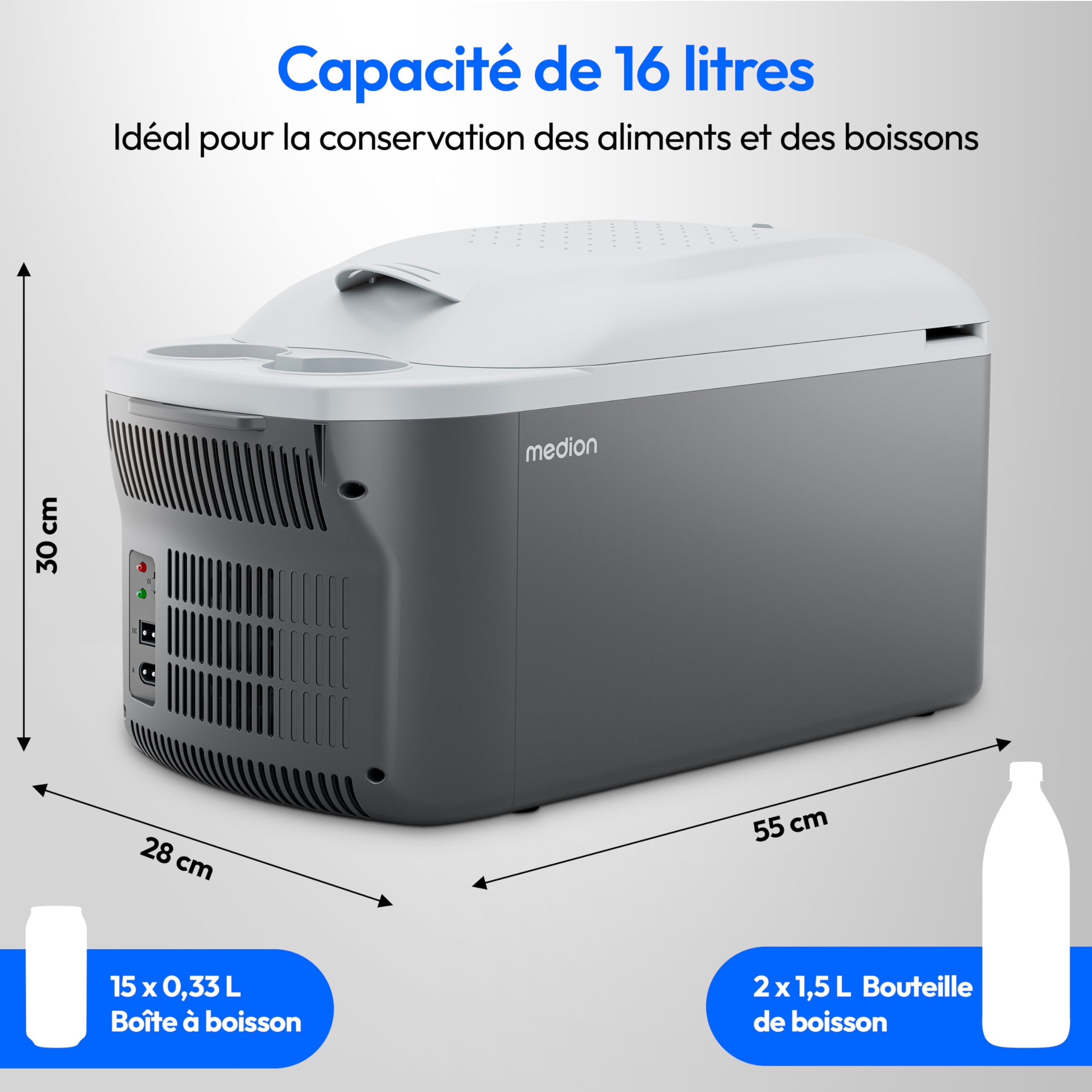 MEDION Glacière mobile avec fonction chauffage (électrique, 2 en 1 refroidissement et chauffage, 16 litres, sangle de transport, connexion 2 en 1 230 V et adaptateur 12 V pour voiture, pour voiture, c