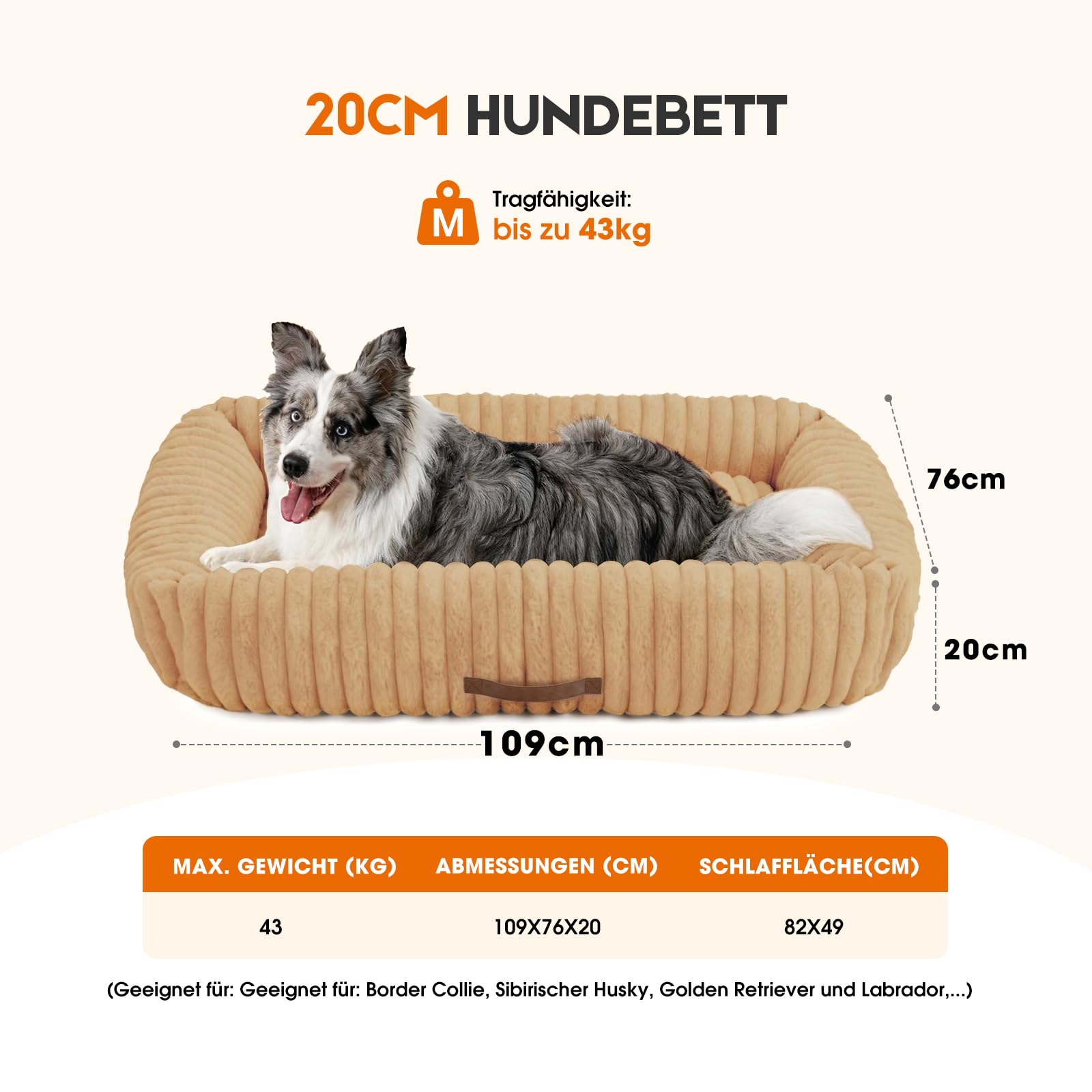 Upvilla Luxusweicher Hundekorb, Super Weiches hundebett Grosse Hunde, 4-seitiges Nackenkissen, Abnehmbare Waschbare Hundematte, Hundesofa mit Griffen, Haustierbett (Warmsand, 109 * 76 * 20cm)