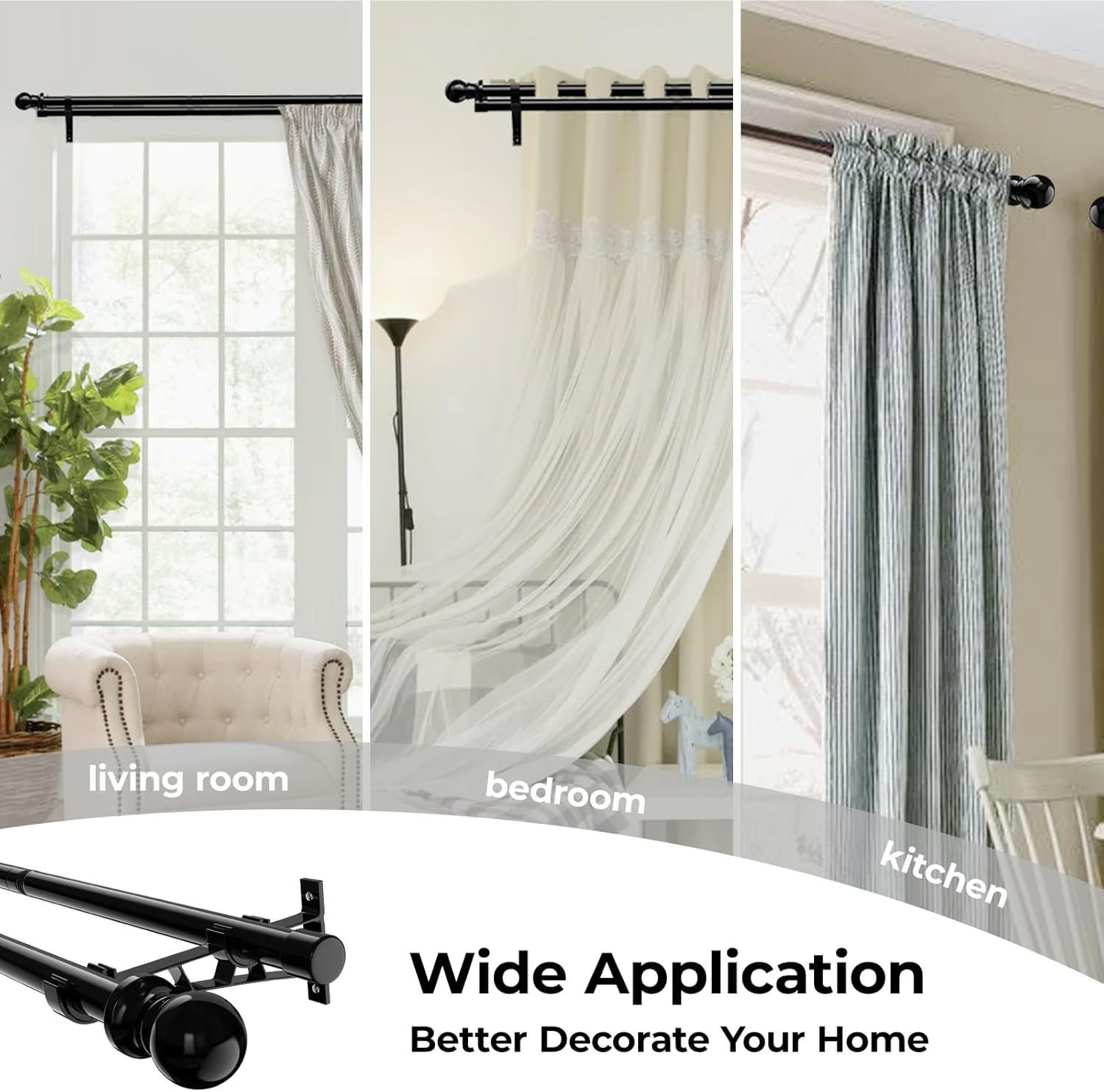 1 Inch Double Curtain Rods for Windows 28in-88in, Heavy Duty Decorative Drapery Rod Adjustable Black Dual Curtain Rod with Brackets for Sliding Glass Door, Patio, Bedroom, Kitchen, Bathroom