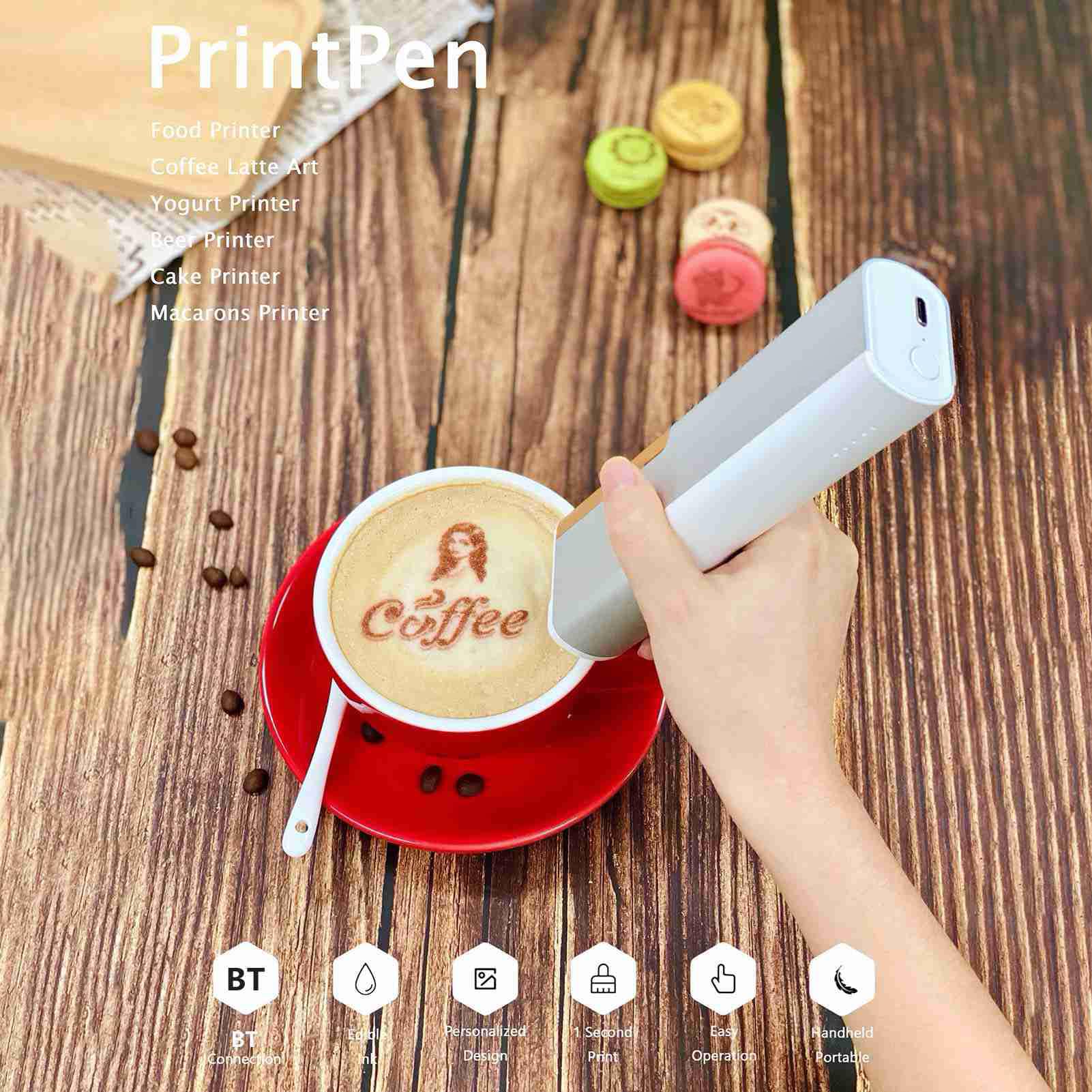 Acouto Printpen Ręczna Drukarka do żywności Przenośna Drukarka Atramentowa Projektowanie Wzorów BT Connect Odpowiednie dla Restauracji Piekarnie Kawiarnie Ciasto Chlebowe — w Zestawie z Wkładem
