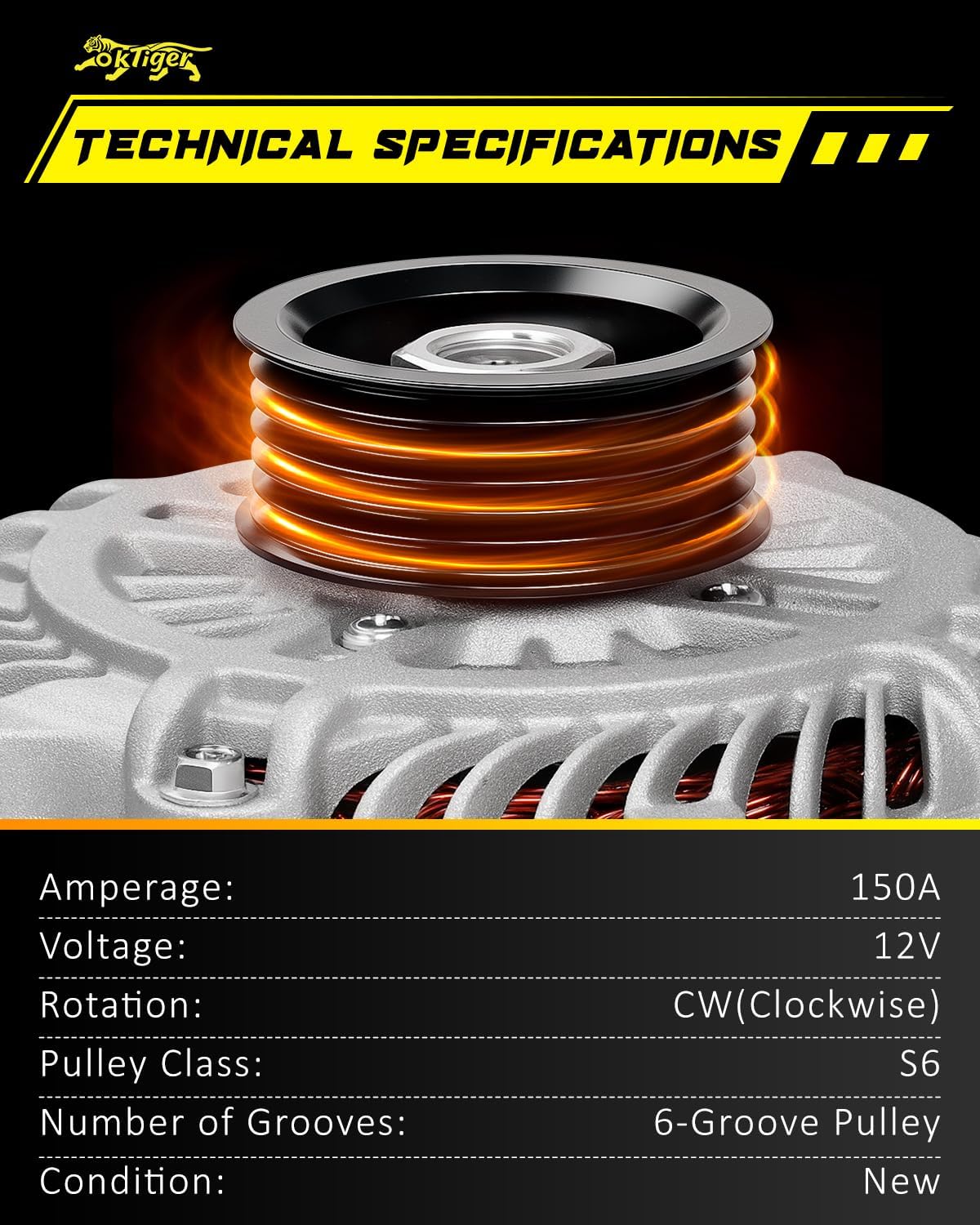 Oktiger Upgraded Alternator for Ford Fusion Se Sel 2006 2007 2008 2009 3.0L, for Mercury Milan Base Premier 2006-2009, for Lincoln Zephyr Base 2006, V6 12V 150A CW 6-Groove Pulley, OE 6E5T-10300-BA
