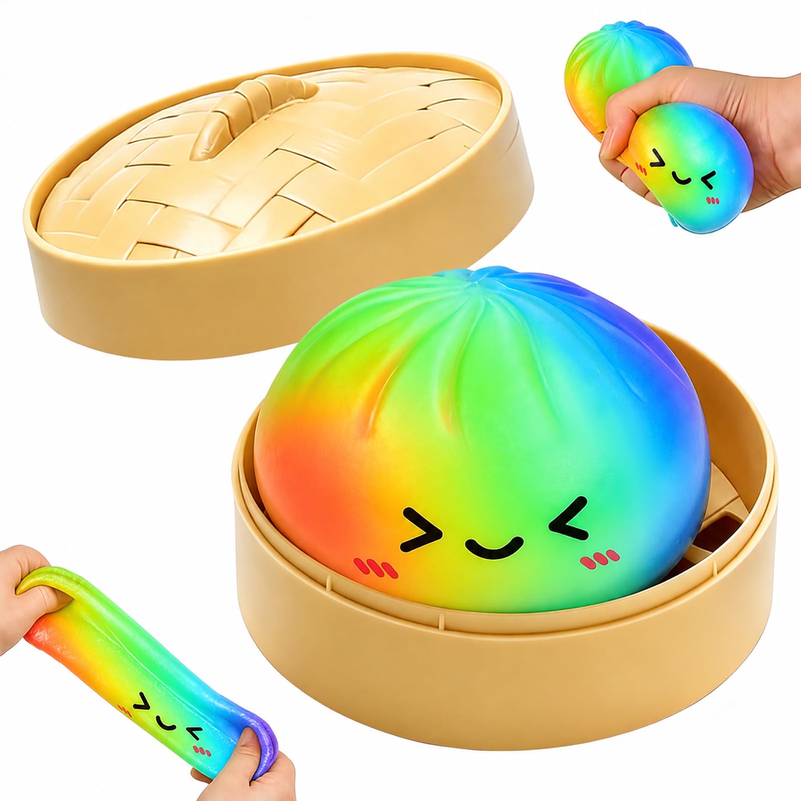 Dumpling Squishy con Vaporiera 9,5 cm, Glitter Squishy Dumpling Mystery, Giocattolo Anti-Stress, Slow Rising Bao Bun Balla Antistress per Bambini e Adulti (Rainbow)