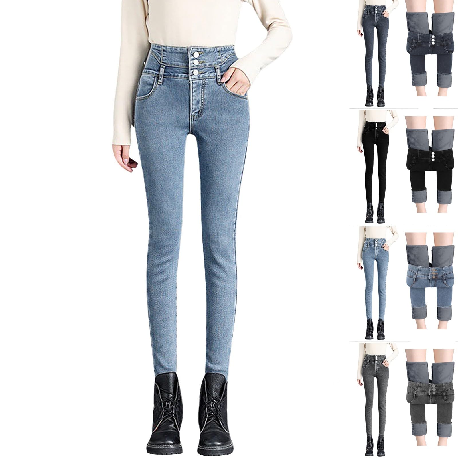 Pantalones vaqueros térmicos para mujer, pantalones de invierno ajustados con forro polar interior, cintura alta, pantalones térmicos, pantalones vaqueros con forro cálido, mallas térmicas