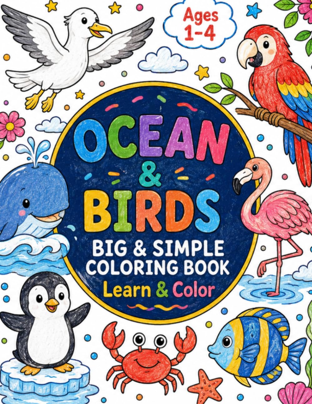 Ocean & Birds Coloring Book for Toddlers Ages 1-4: Big and Simple Sea Animals and Birds with First Words for Kids, Preschoolers and Beginners (Toddler Animal Coloring Books)