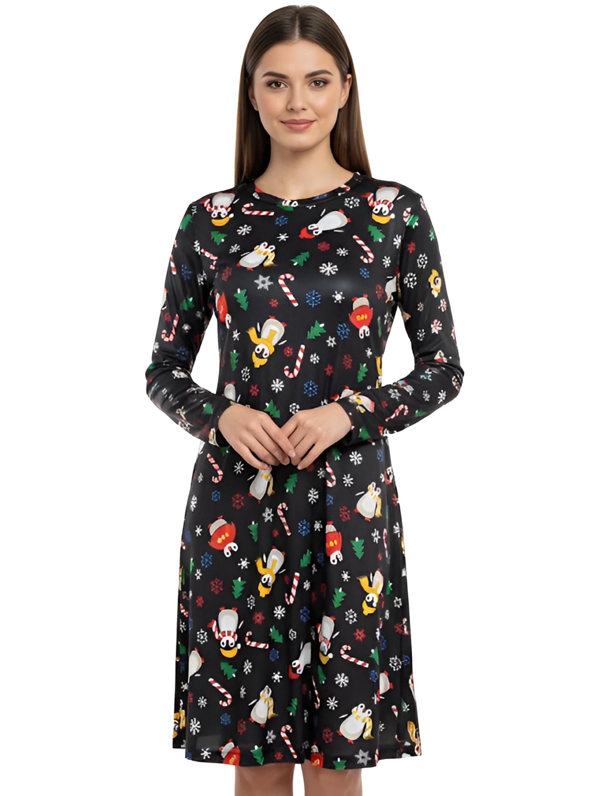 Love My Fashions Women's Penguin Scarf Christmas Dresses For Uk Xmas Party Costume Adult Reindeer Snowman Santa Snowflake Swing Skater Printed Novelty Tops