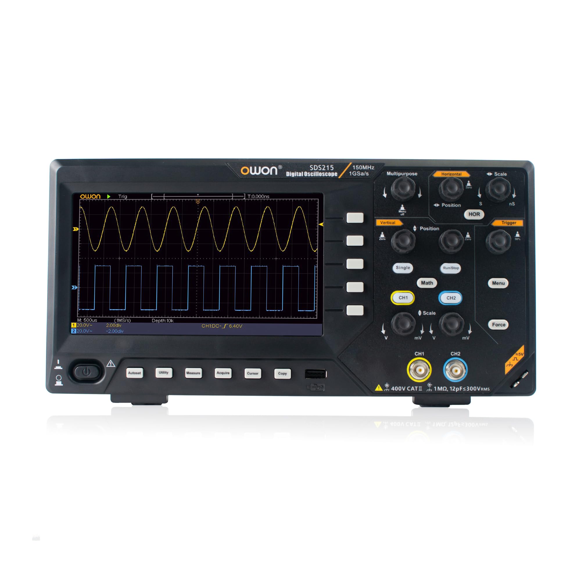 OWON Osciloscopio de 150MHz de ancho de banda, 2 canales, oscilógrafo digital, soporte de 30 mediciones automáticas de forma de onda con pantalla TFT LCD de 7" (2CH/150MHz/SDS215)