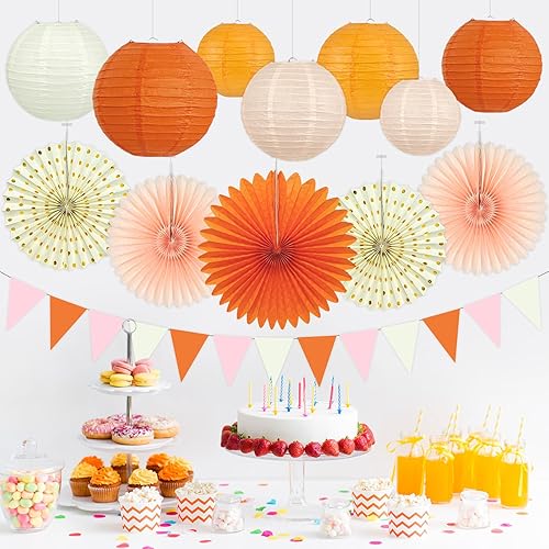 Miniatura 5 de 15 decoraciones de fiesta de otoño rosa y naranja, faroles de papel naranja colgantes, abanicos de papel de panal, bandera triangular para niñas y