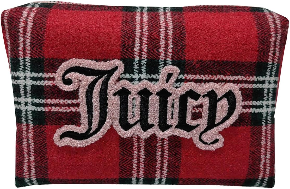 Juicy Couture Red Makeup Bag Cosmetics Organizer Travel Essentials Zip Top Wedge Plaid Flannel