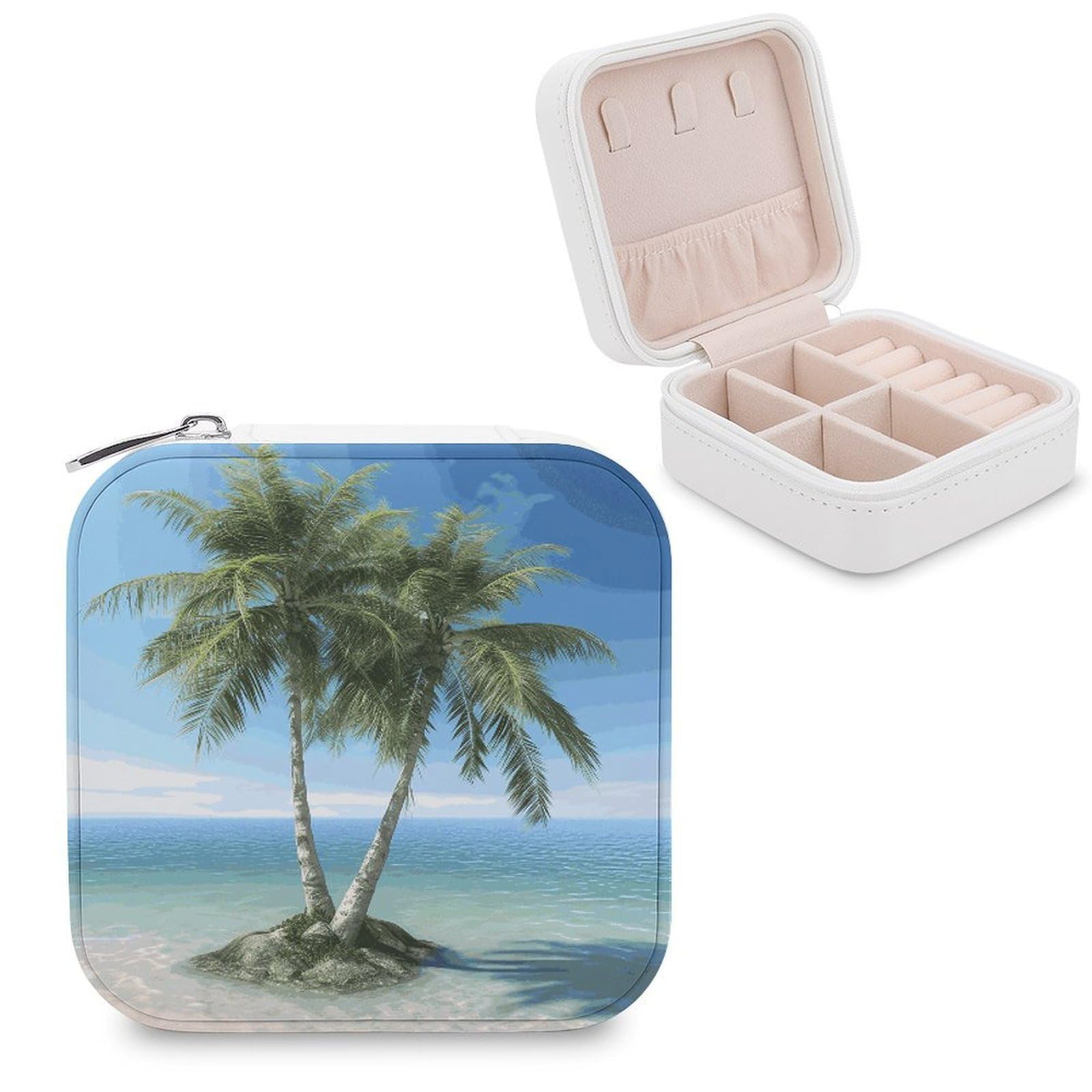 JTREHY Travel Sea Palm Trees Jewelry Case Portable Display Storage Box PU Leather Mini Jewelry Travel Case Personalized Travel Jewelry Organizer Small Jewelry Box for Women