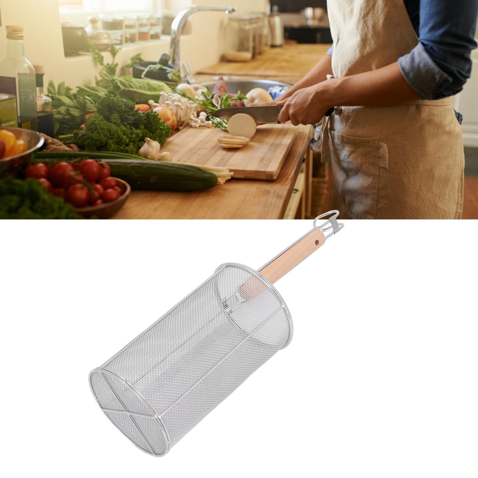 Cestello Per Colino Per Pasta, Colino Per Noodle a Maglia Fine con Manico in Legno in Acciaio Inossidabile Per Ramen da Cucina del Ristorante