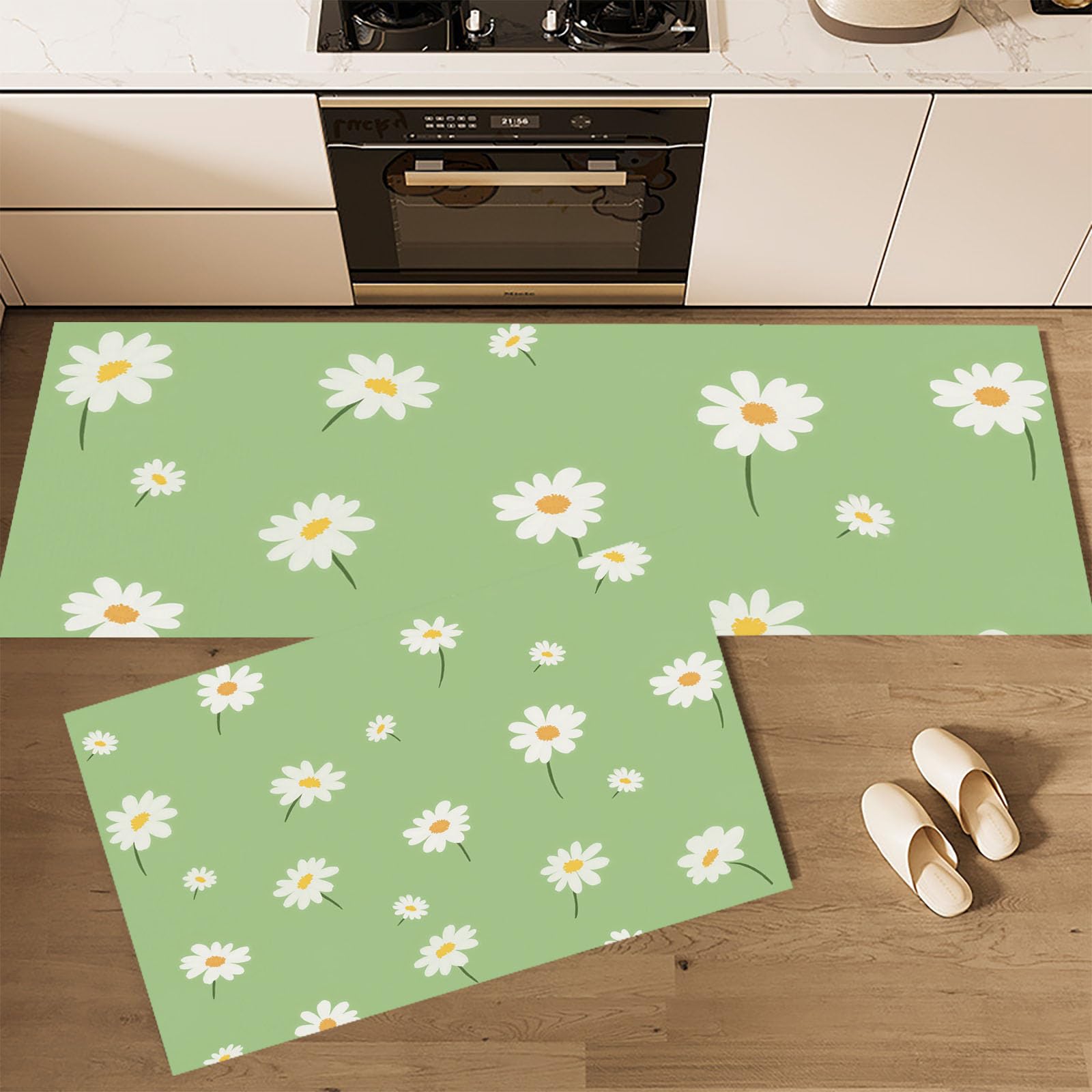 Tapis de cuisine de marguerite 2 pièces lavable et tapis d'entrée antidérapant vert sauge 40x120