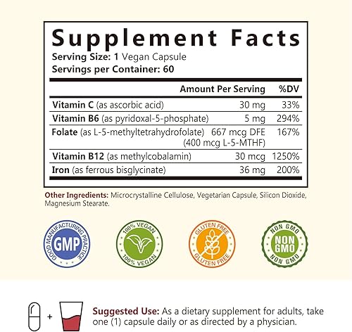 Miniatura 2 de NatureMyst Complejo de hierro, 36 mg de hierro elemental por porción, sin estreñimiento, 4 vitaminas bioactivas y naturales, construcción de sangre,