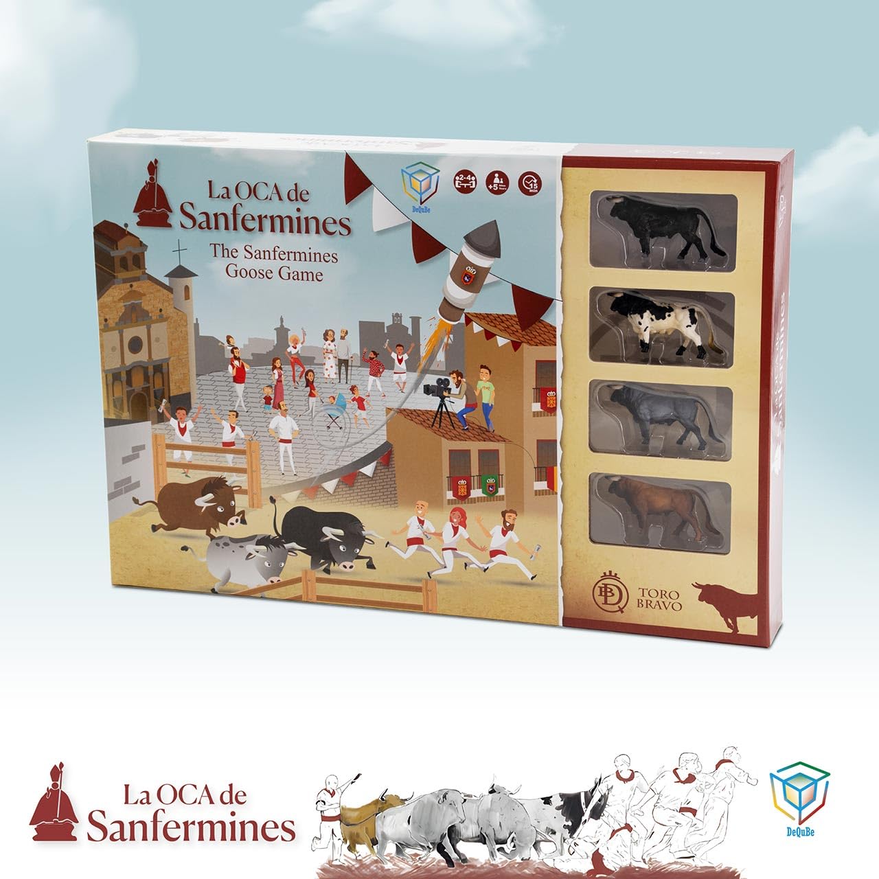 DeQube 924D00180 Jeu de l'oie de San Fermin – Comprend 4 Mini taureaux de Collecte et dés en Bois – Dimensions Plateau 50 x 50 cm