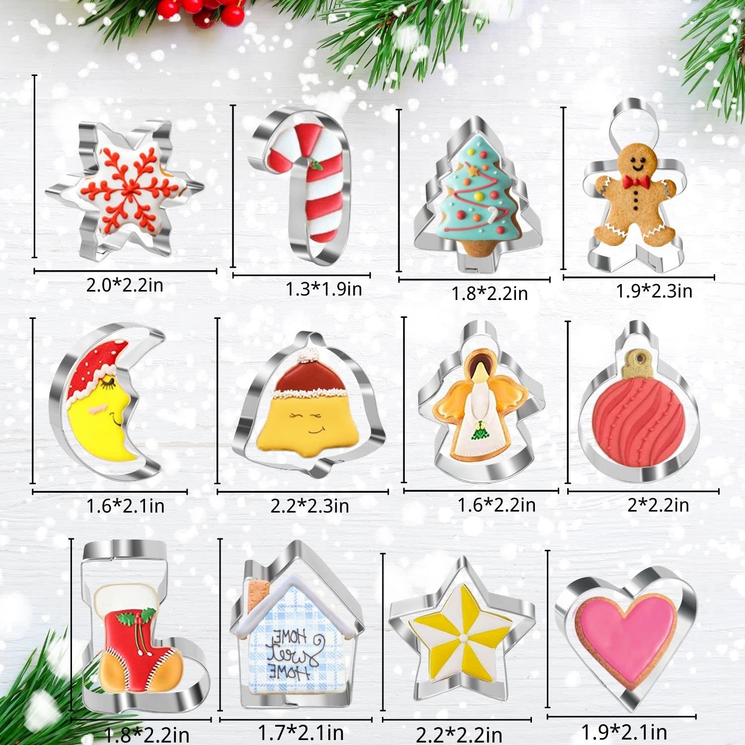 Mini Christmas Cookie Cutters Set of 12 Pieces Small Christmas Xmas Biscuit Cutters Star Tree Angel Bell Stocking Heart & More Shapes Stainless Steel for Holiday Baking - Image 2