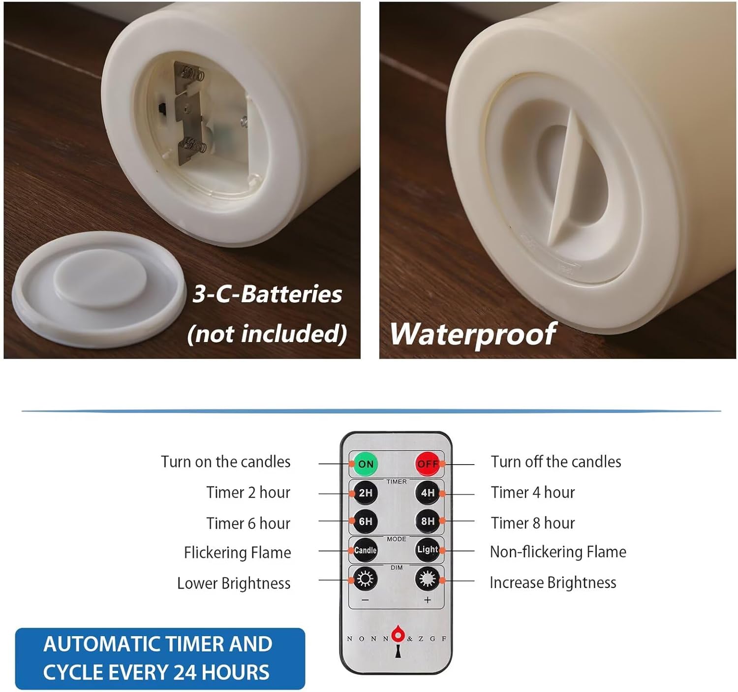 Outdoor XL 6.45" x 8" Large Flameless Candles with Remote, Rainproof Waterproof, LED Battery Operated, Flickering Pillar CANDLES, Need 3-C Batteries (Not Included)