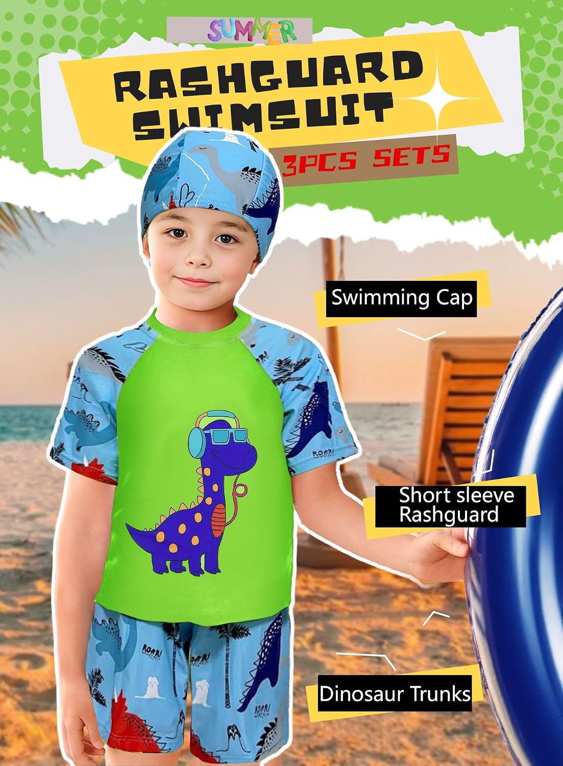 Toddler Boys Dinosaur Rashguard Swimsuit - Kids Short Sleeve Shirt Trunks Swimwear Bathing Suit with Hat 3Pcs Sets