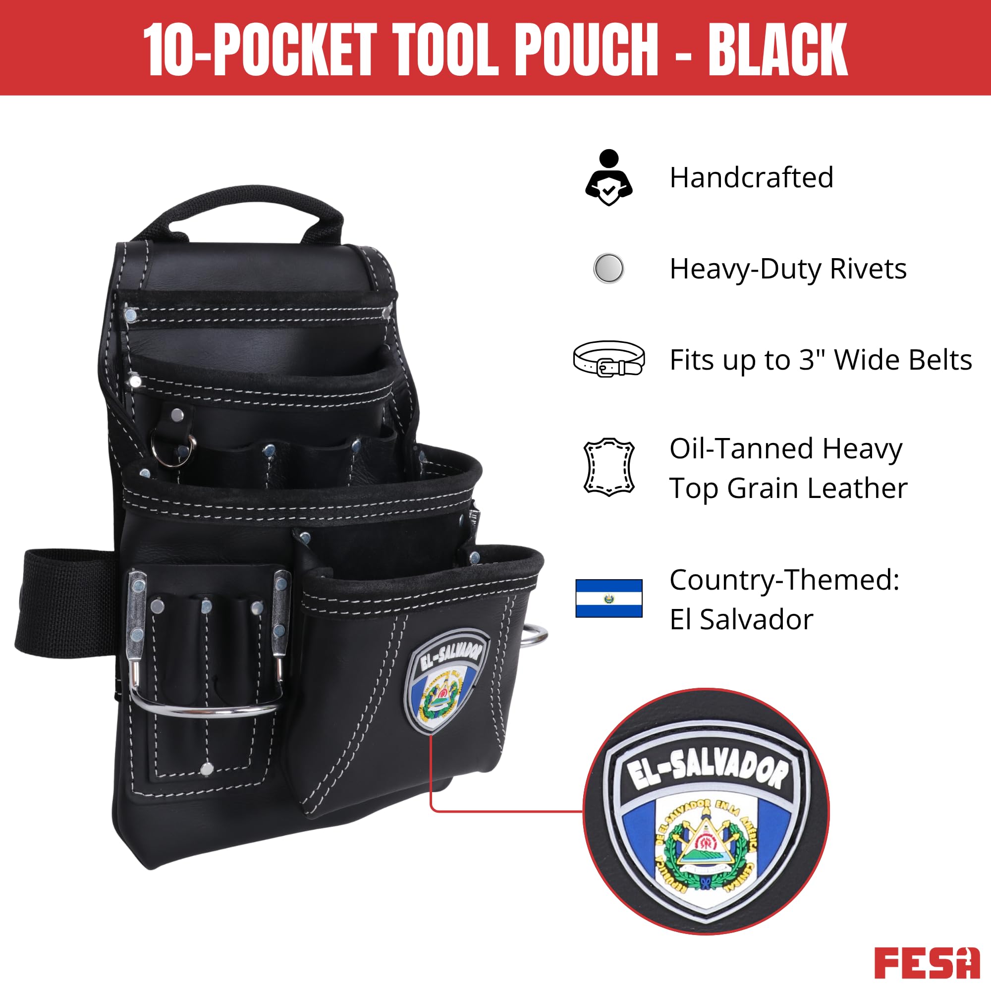 FESA Sac à outils en cuir – 10 poches en cuir pleine fleur avec 2 boucles pour marteau, grandes et petites poches – Convient aux ceintures de travail jusqu'à 7,6 cm – Fait à la main – Motif campagnard