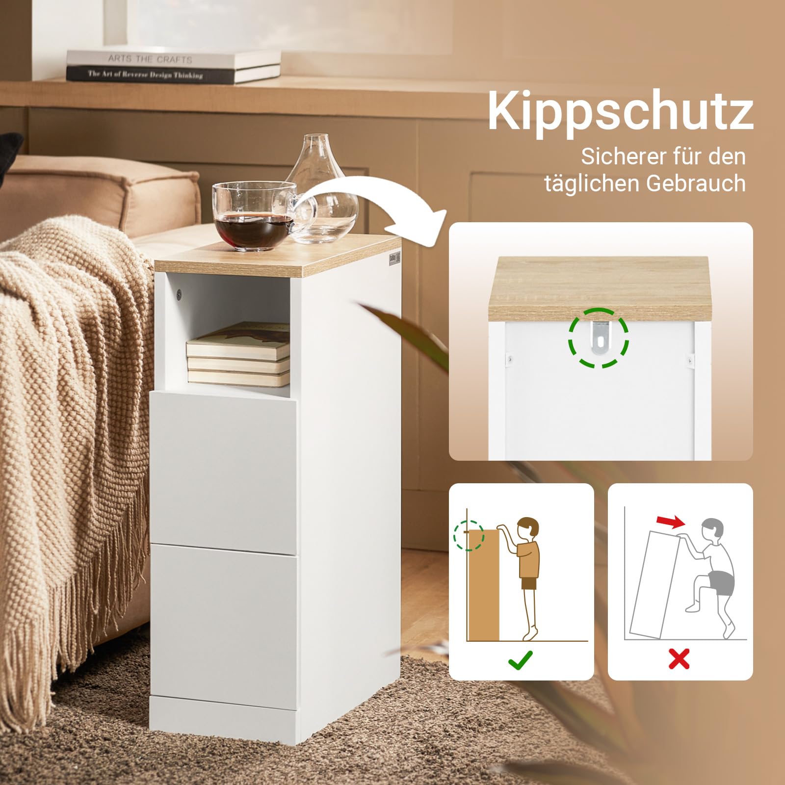 SoBuy Nachttisch schmal 20cm, Nachtschrank & Beistelltisch mit 2 Schubladen, Platzsparendes Möbelstück für Schlafzimmer & Nischen, Ideal für Mieter & Boxspringbett, Weiß, 20x35x60 cm, FBT149-WN