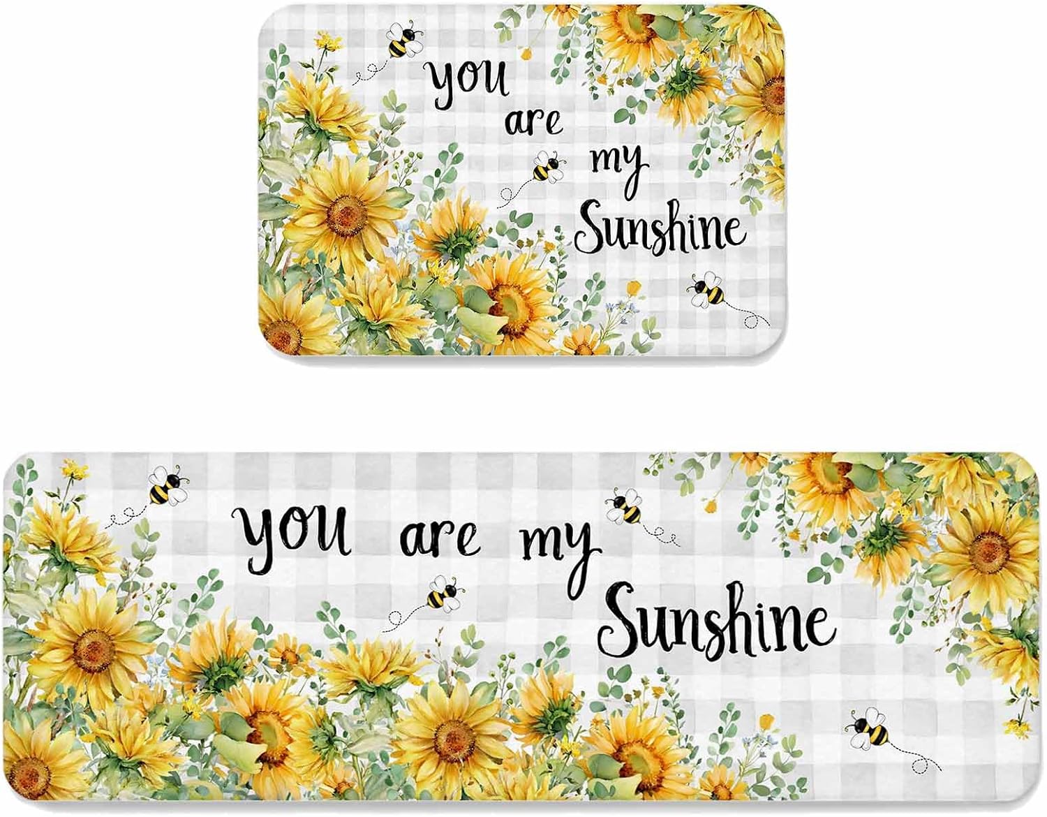Prime Leader Sunflowers Kitchen Mat Set 2 Pieces Country Watercolor Summer Floral Bee Grey Plaid Non Slip Kitchen Rugs Washable Runner Rug Mats for Sink Laundry (15.7" x 23.6"+15.7" x 47.2")