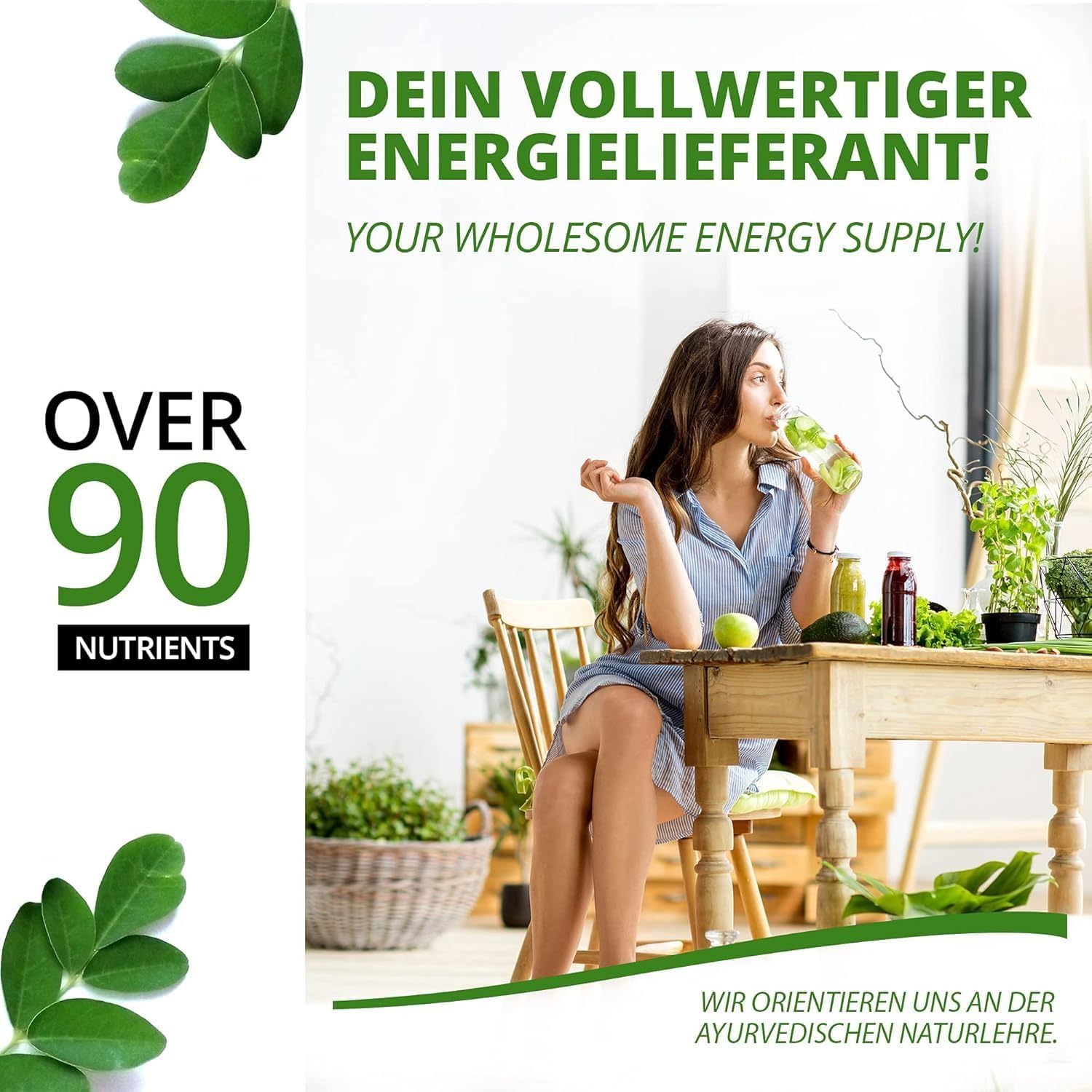 MoriVeda Comprimés Moringa Energy 3800 mg, 360 pastilles pressées avec vitamines, protéines & acides aminés, réserve de 180 jours en qualité ayurvédique haut de gamme, végan & sans gluten