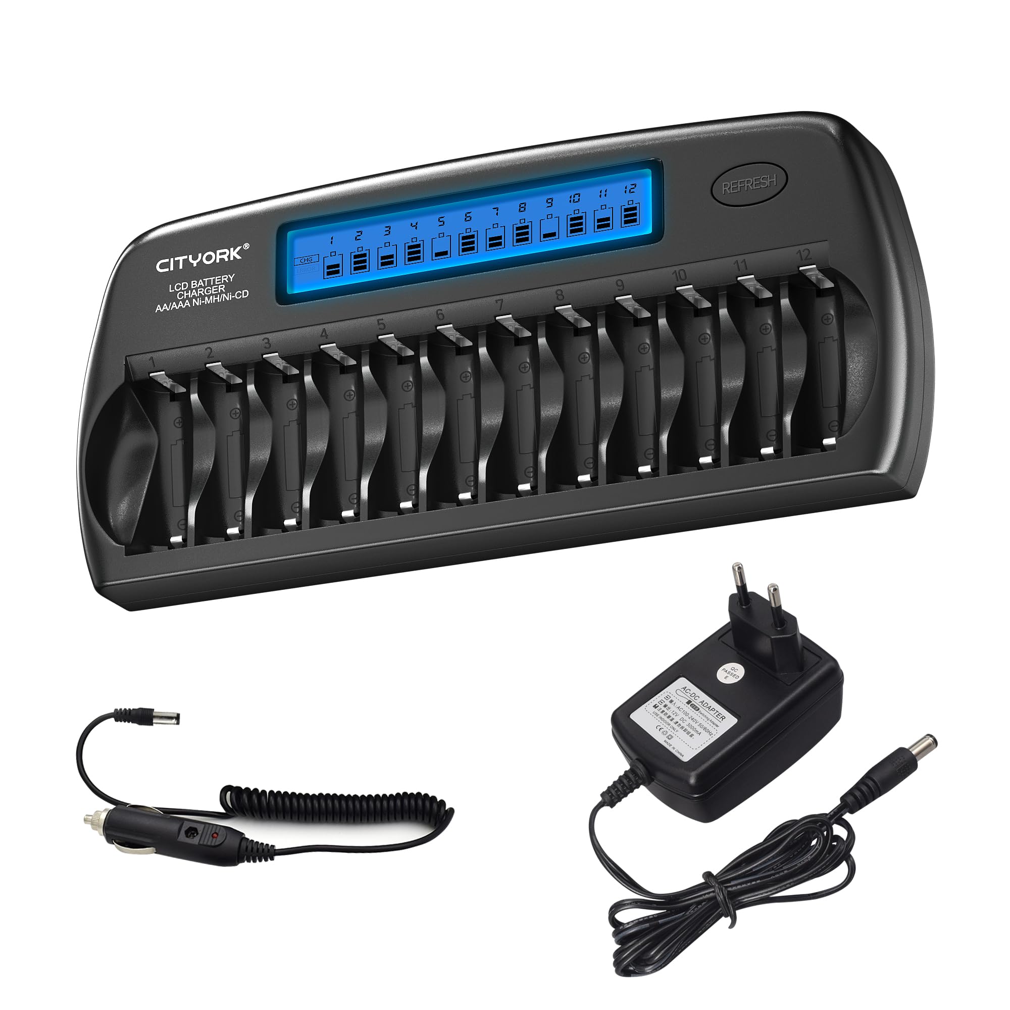 CITYORK Caricabatterie per Pile Ricaricabili AA e AAA, 12 Slot Caricabatterie per batterie AA/AAA Ni-MH/Ni-CD con display LCD intelligente e scarica, protezione IC e alimentatore di rete integrati