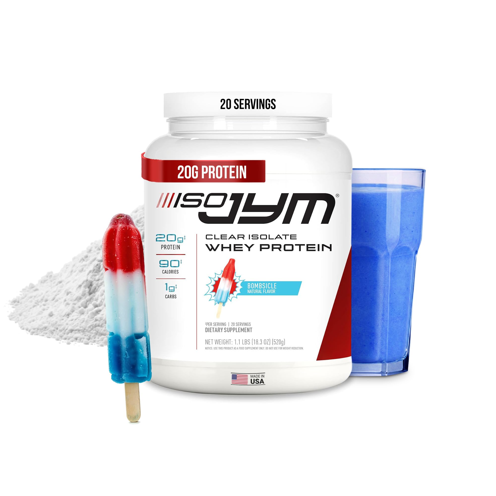 Iso JYM Bombsicle, 90 Calories, 100% Whey Protein Isolate, Zero Fat, Zero Sugars, Mixes Clear, for Women & Men, 20 Servings