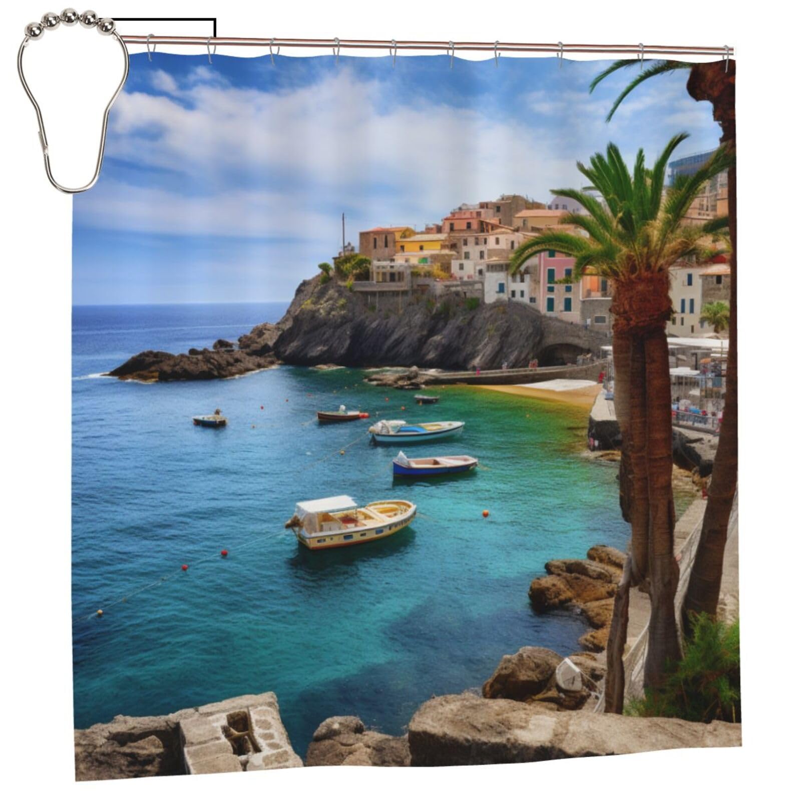 BWWHCCTI Italian Island Fisherman Village Printed Shower Curtain With 12 Iron Hooks Opaque Quick Drying Waterproof Shower Curtains Sets For Bathroom 183x183 CM
