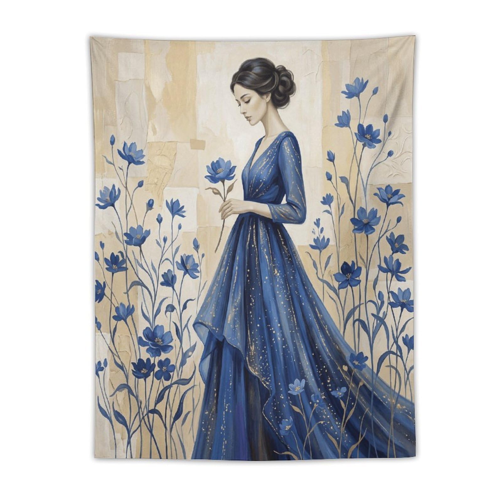 H3B8U2Y5 Blue Dress Woman Cornflower Wall Tapestry, Impressionist Meadow