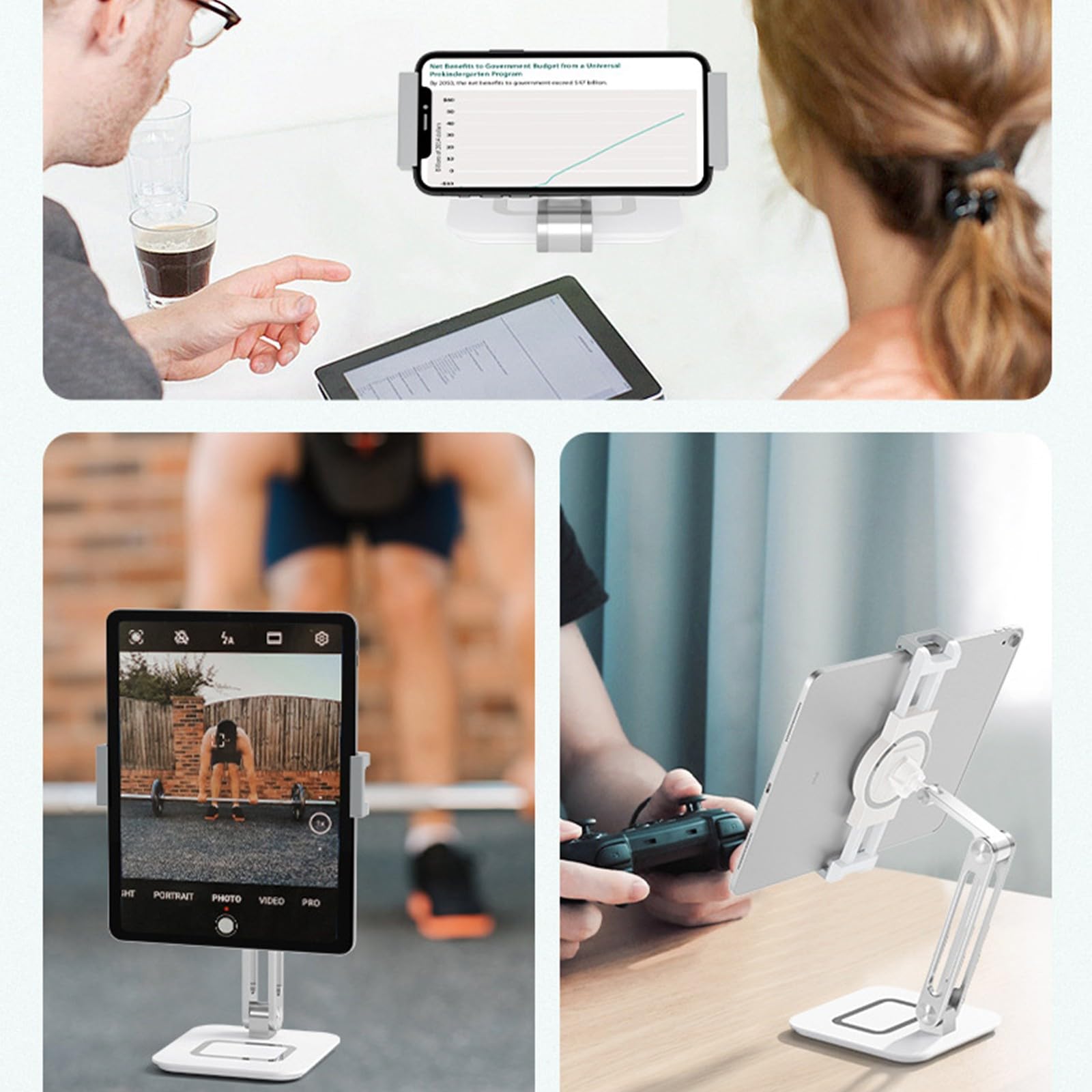 Supporto per telefono ergonomico con angoli visione regolabili in acciaio precisi Tappetino in silicone antiscivolo Supporto per dispositivi da scrivania Morsetto per telefono Supporto per tablet