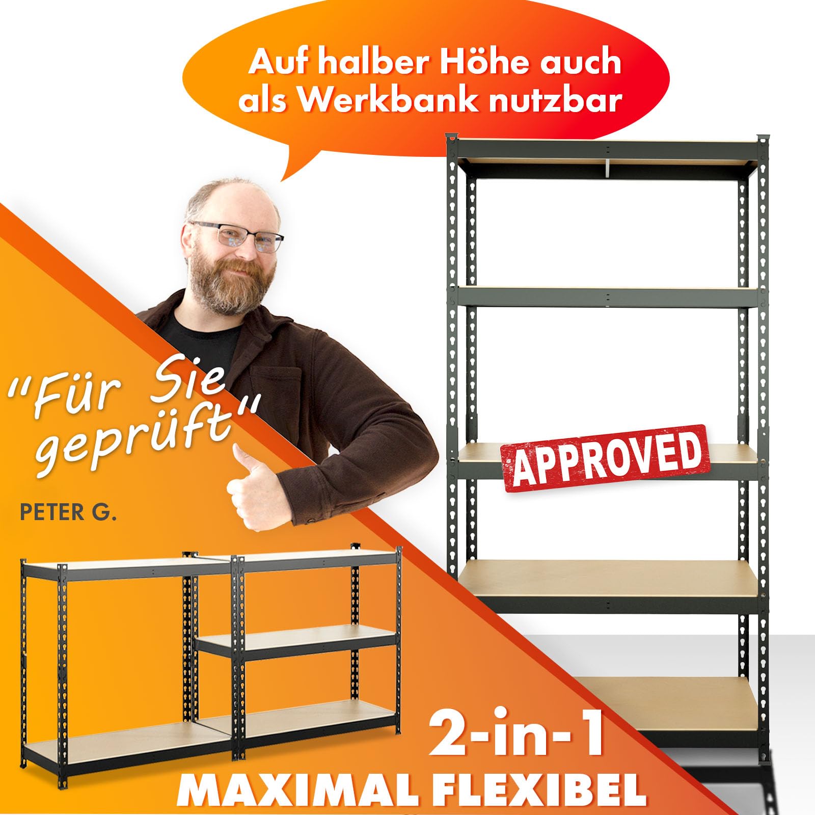 KARAT Schwerlastregal, Kellerregal, Lagerregal mit Stahlgestell 1050 kg Traglast (Schwarz, 180 x 90 x 60 cm) Rhino