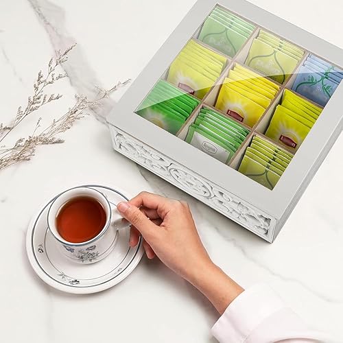 Miniatura 5 de Tea Bag Organizer Wooden Tea Box for Tea Bags, Tea Organizer 9 Compartments Tea Chest Storage Box with Clear Lid, Tea Bag Holder Tea Caddy for Tea
