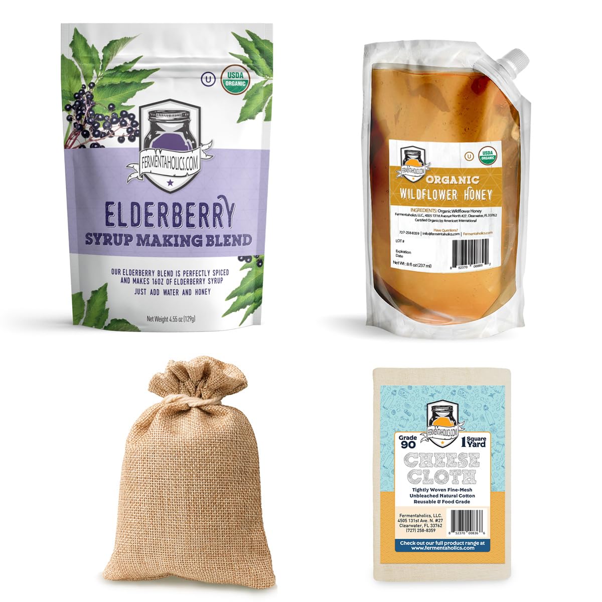 Fermentaholics USDA Organic Dried Elderberry Syrup Making Kit - Make Your Own Elderberry Syrup - Elderberries Syrup Spice Blend - Honey - Cheese Cloth