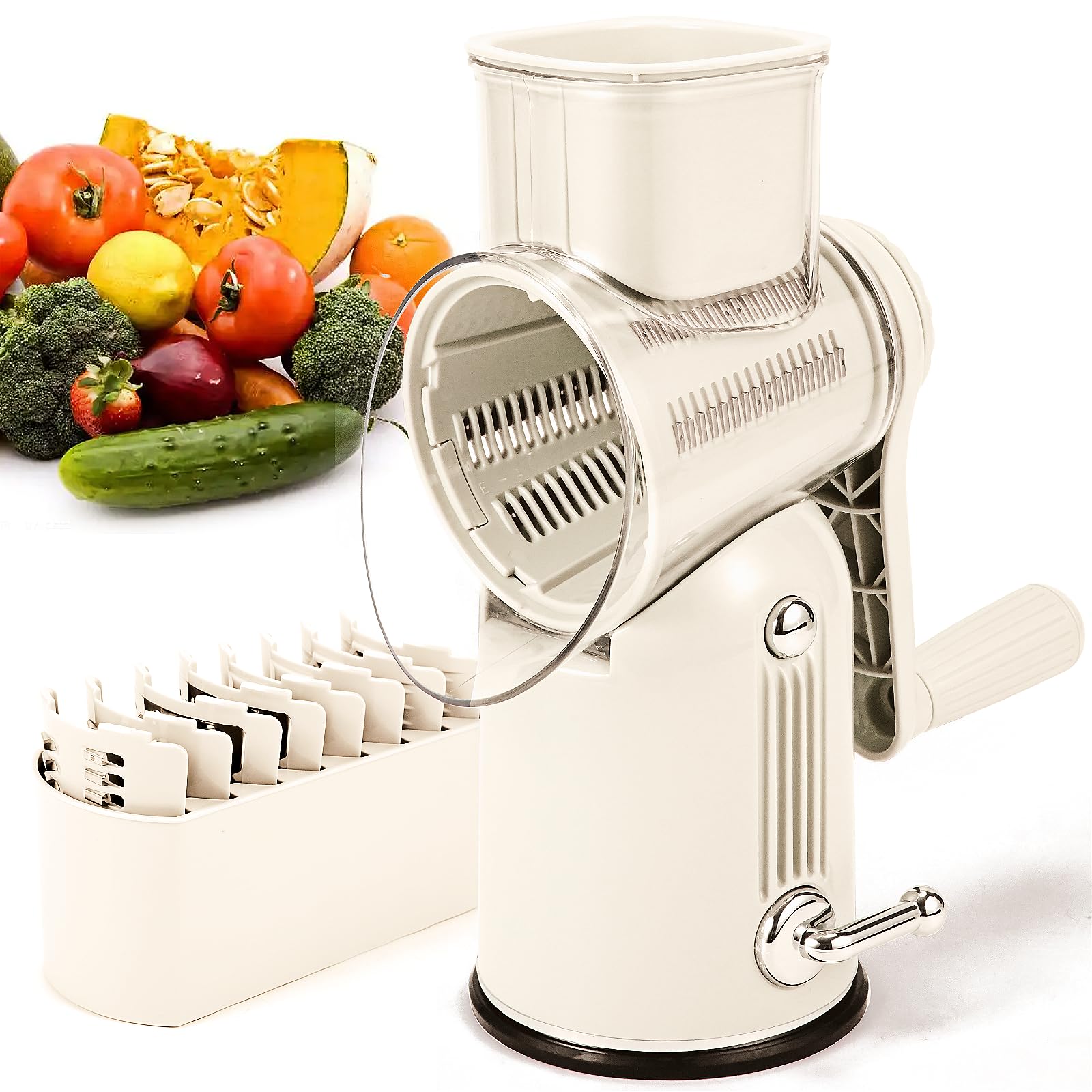 Rotary Cheese Grater with Handle Vegetable Shredder with 5 Interchangeable Blades, Kitchen Food Slicer and Chopper with Strong Suction Base for Fruit Vegetables Nuts with Blade Storage Box (White)