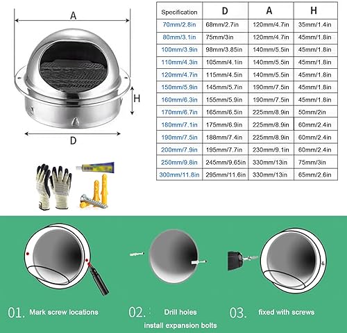 Miniatura 3 de Tapón de chimenea de acero inoxidable 304, rejilla de ventilación de pared redonda, salida de aire de pared exterior, campana extractora, tubo de