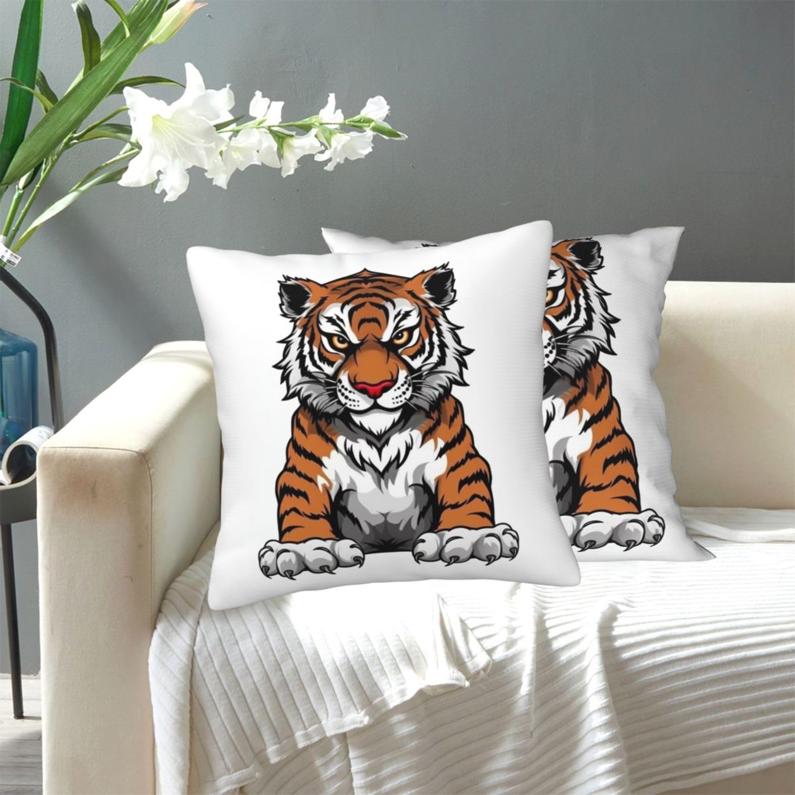 FekiLoot Decorative Throw Pillow Covers Modern Farmhouse Pillowcase Double Sided Cozy Cushion Cover for Sofa Couch Bed 20"X20" Tiger Head with Raised Paws