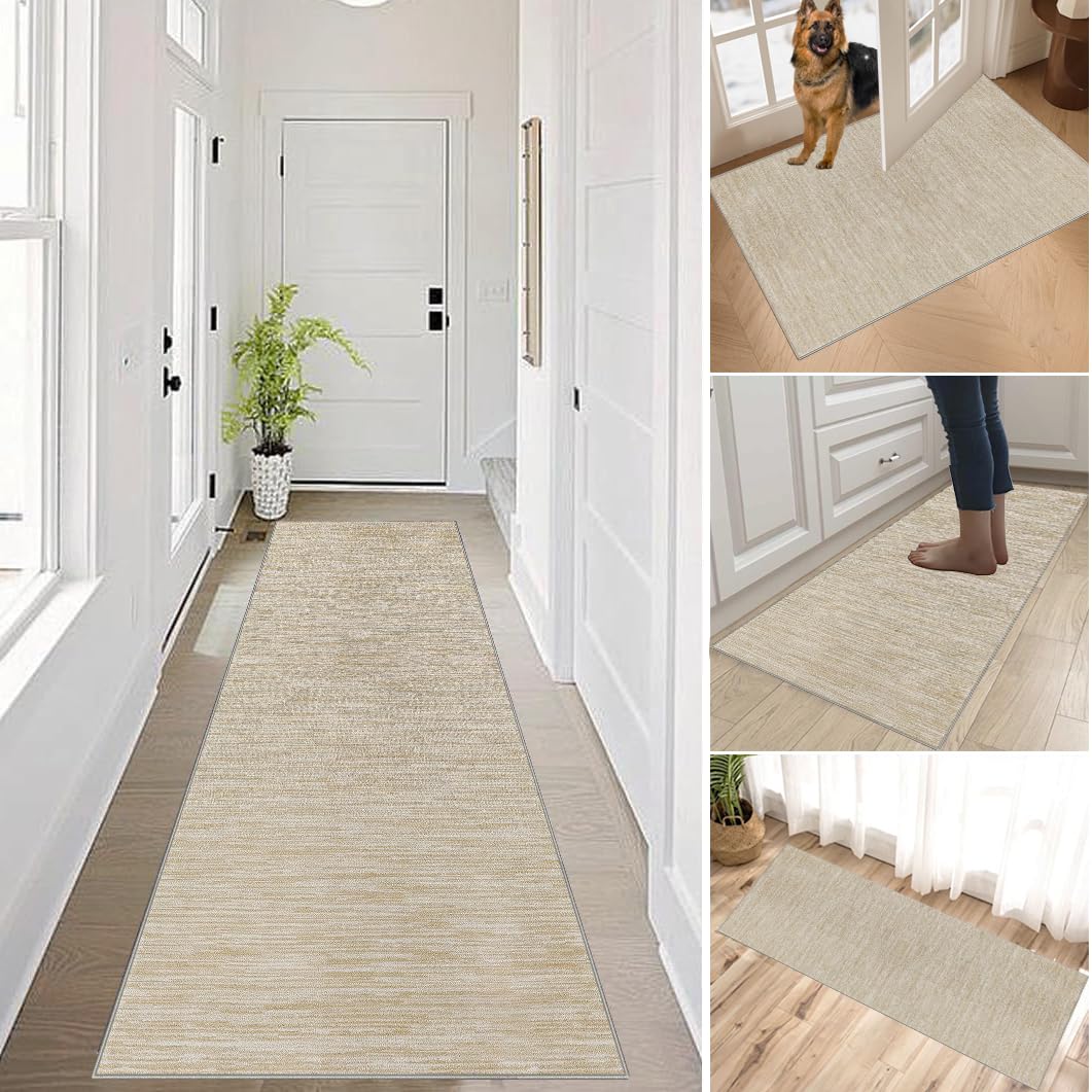 Long Runner Rugs for Hallway Non Slip Kitchen Runner Rug 110 x 600 cm Beige Hall Runners Narrow Rugs Low Pile Entryway Rug Washable Heavy Duty Carpet Runners for Hallway Entryway Kitchen Bedroom