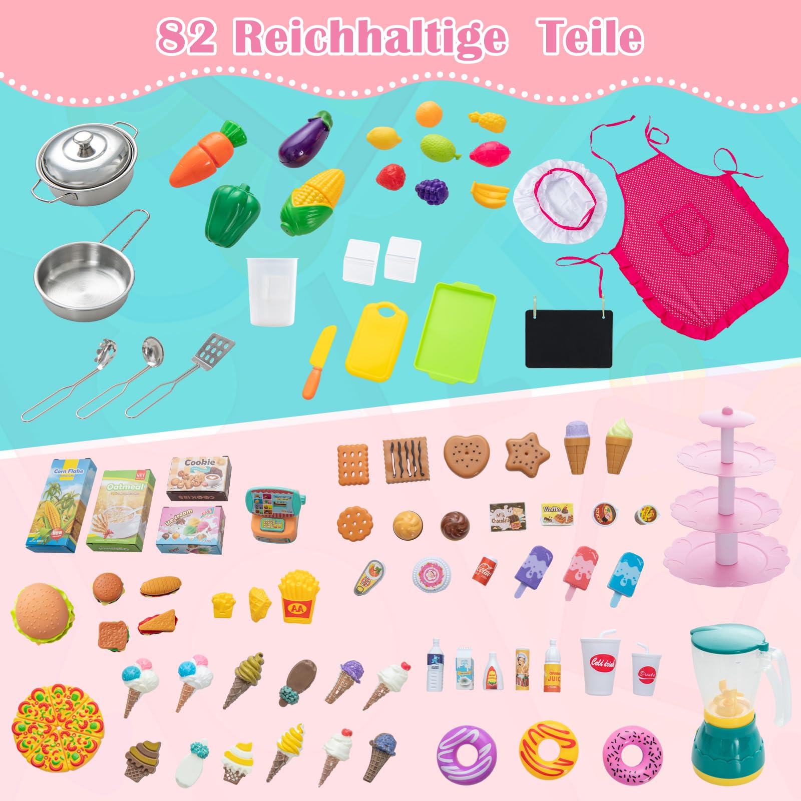 COSTWAY 2 in 1 Kinderküche & Kaufladen, Spielküche mit Licht und Sound, interaktiver Eismacher & Tafel, inkl. 82 Zubehörteile, doppelseitig, Spielzeugküche für Kinder ab 3 Jahren