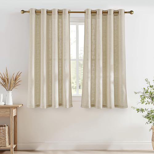PONY DANCE Cortinas Cortas para Ventanas,Semi Translucidos de Lino Grueso | 140x160cm(AnxAl),Beige Natural,Visillos 2 Piezas para Cocina,Filtrado de Luz, Proteccion UV,Puerta Divisora,con Ojales