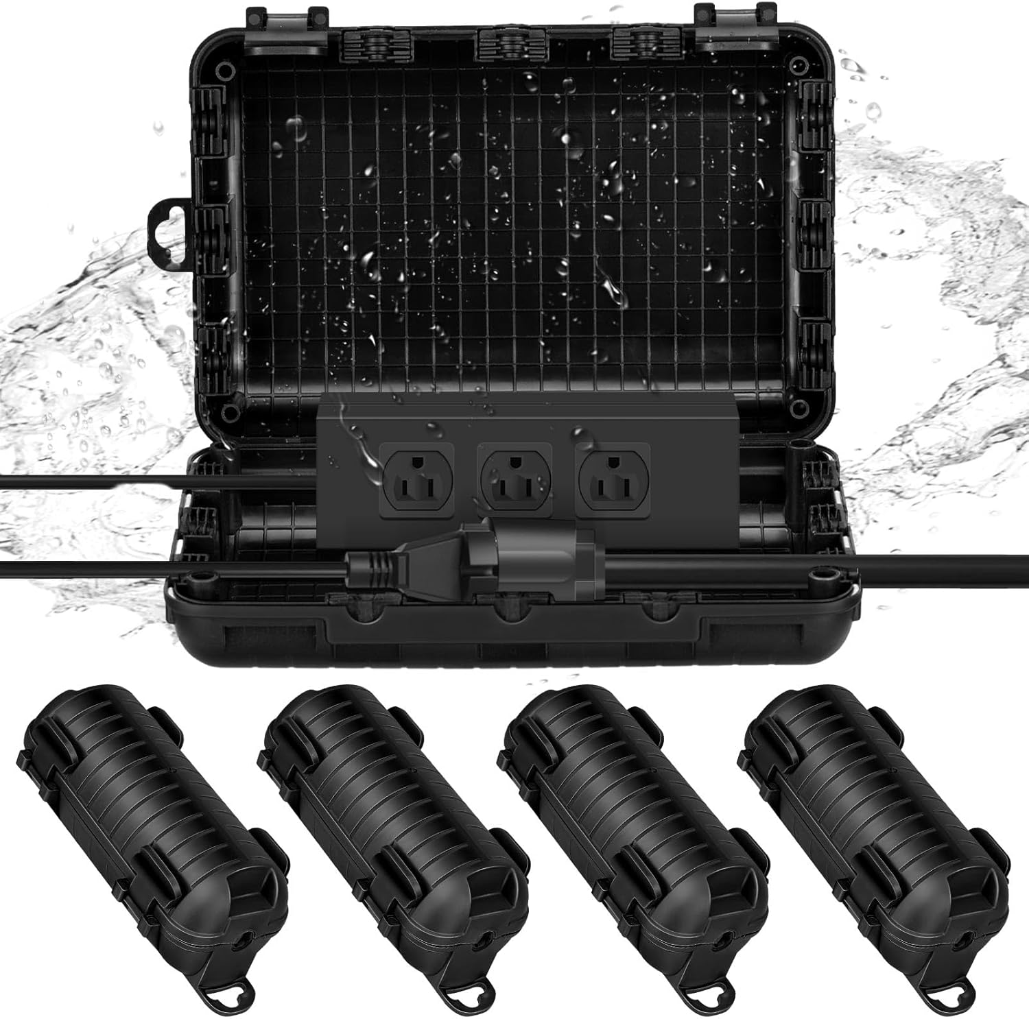 Frienda IP44 Large Outdoor Waterproof Extension Cord Box with 4 Pcs Small Weatherproof Extension Cord Electrical Safety Box Outlet Cover for Power Strip Plug Socket Outlet Holiday Light, Black