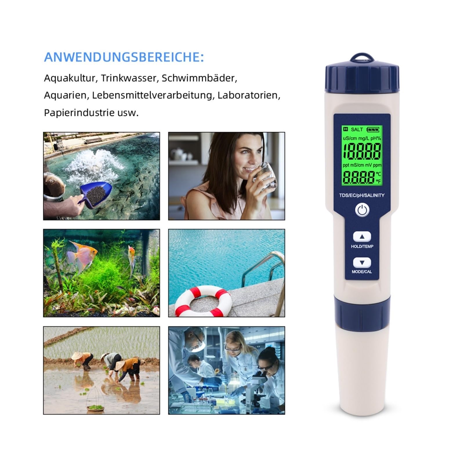 Tester Digitale for monitoraggio della qualità dell'Acqua, TDS/EC/PH/salinità/Temperatura 5 in 1 for Piscine, Acqua Potabile, acquari(PH EC TDS Salt Temp)