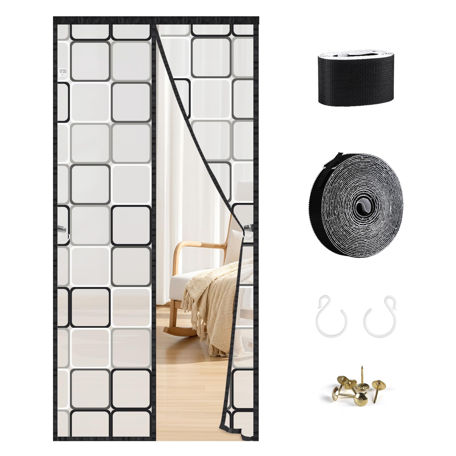 SWAWIS 100x200cm Cortina Térmica Magnética para Puertas in EVA Material, Resistente al Frío y Aislante Térmico Impermeable y Cortavientos, con Velcro, para Balcón Cocina Dormitorio(Patrón a Cuadros)