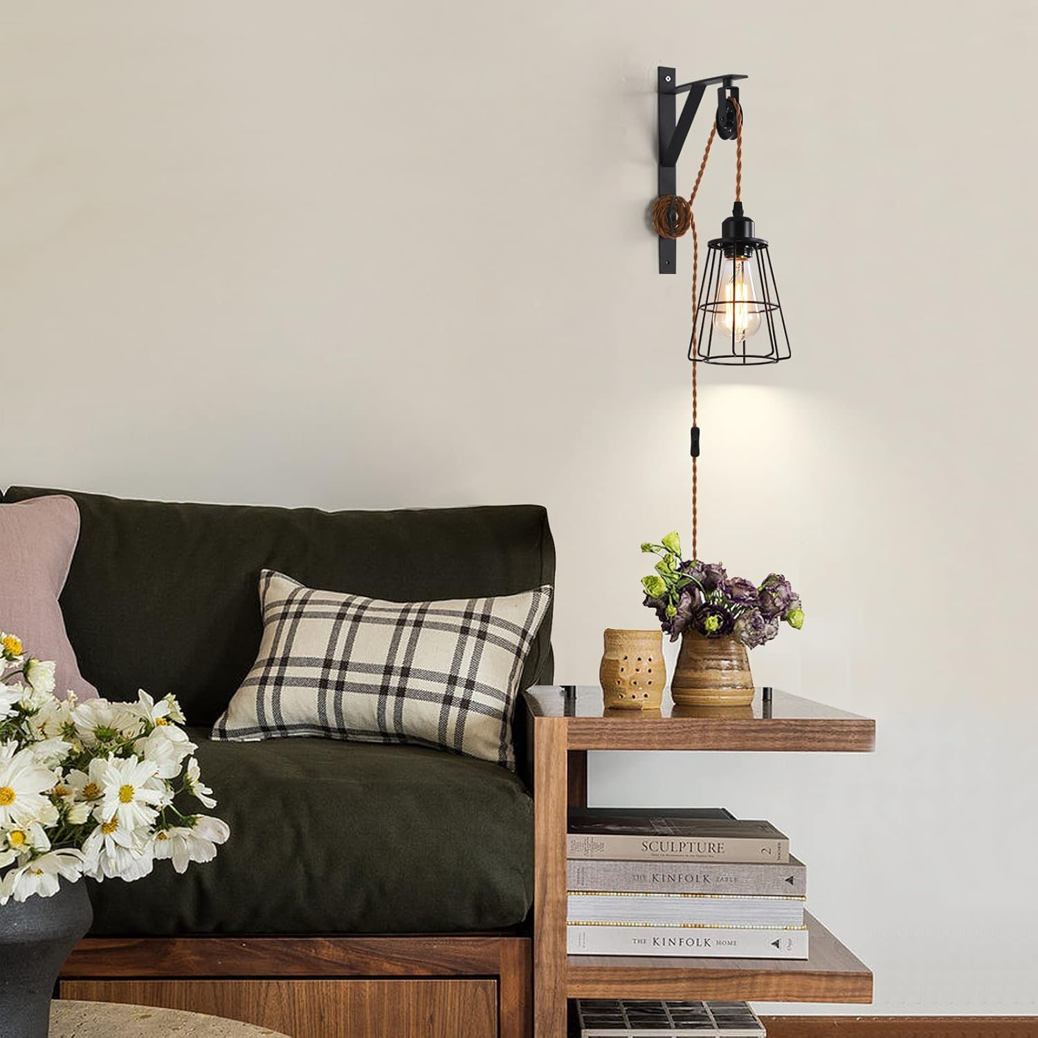 SEEBLEN Industrial Rustic Cage Wall Lamp Bracket Pulley Lights Fixture, Farmhouse Pendant Lamp Adjustable Hanging with Plug in Cord - Retro Wall Sconce for Indoor Living Room Restaurant (1-Pack)