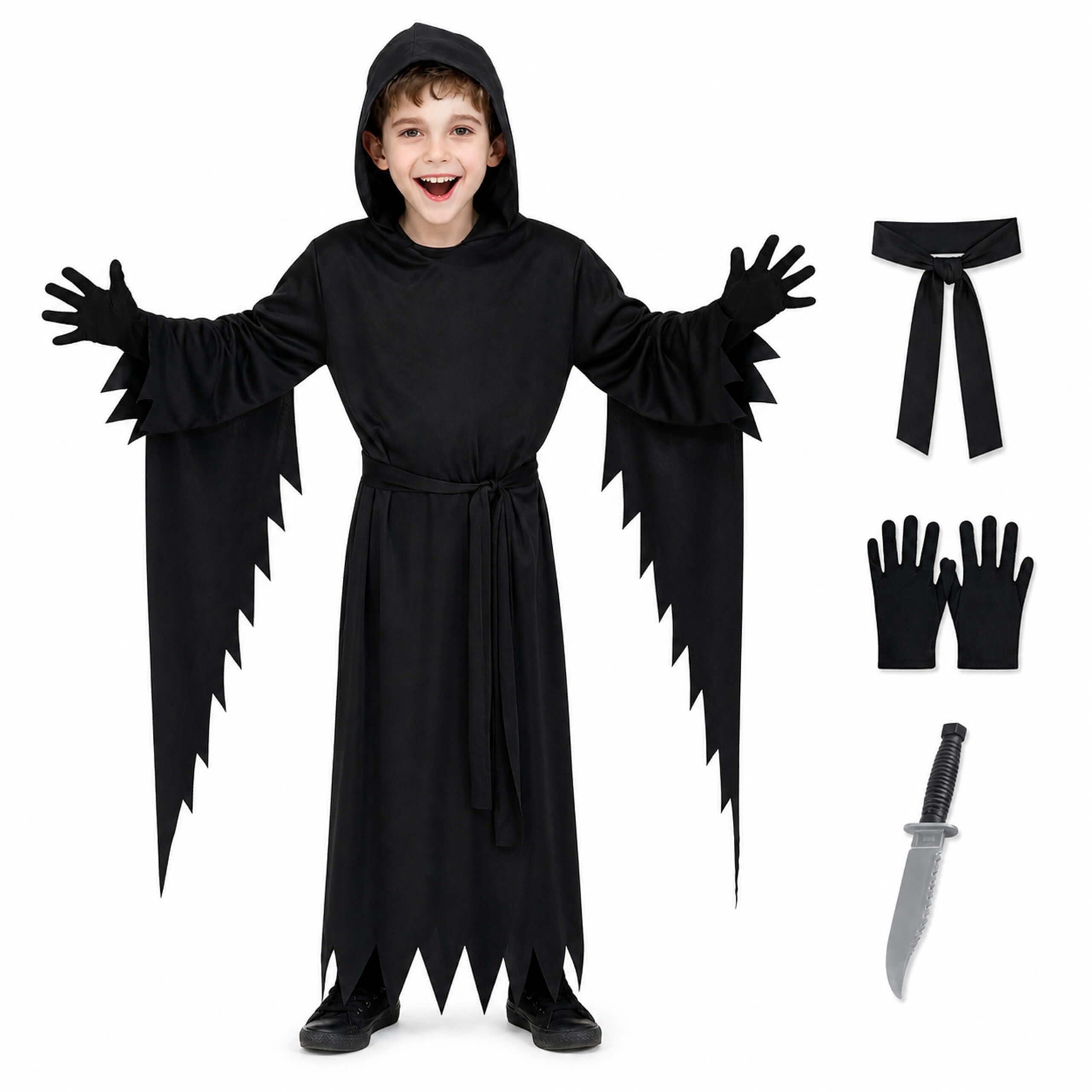 Halloween Scary Ghost Costume Set for Adults & Kids, Mask, Toy Dagger | Gloves & fabric belt included; breathable polyester offers all-day comfort; machine washable; Adult S–XL, Child S–XL (5–14).